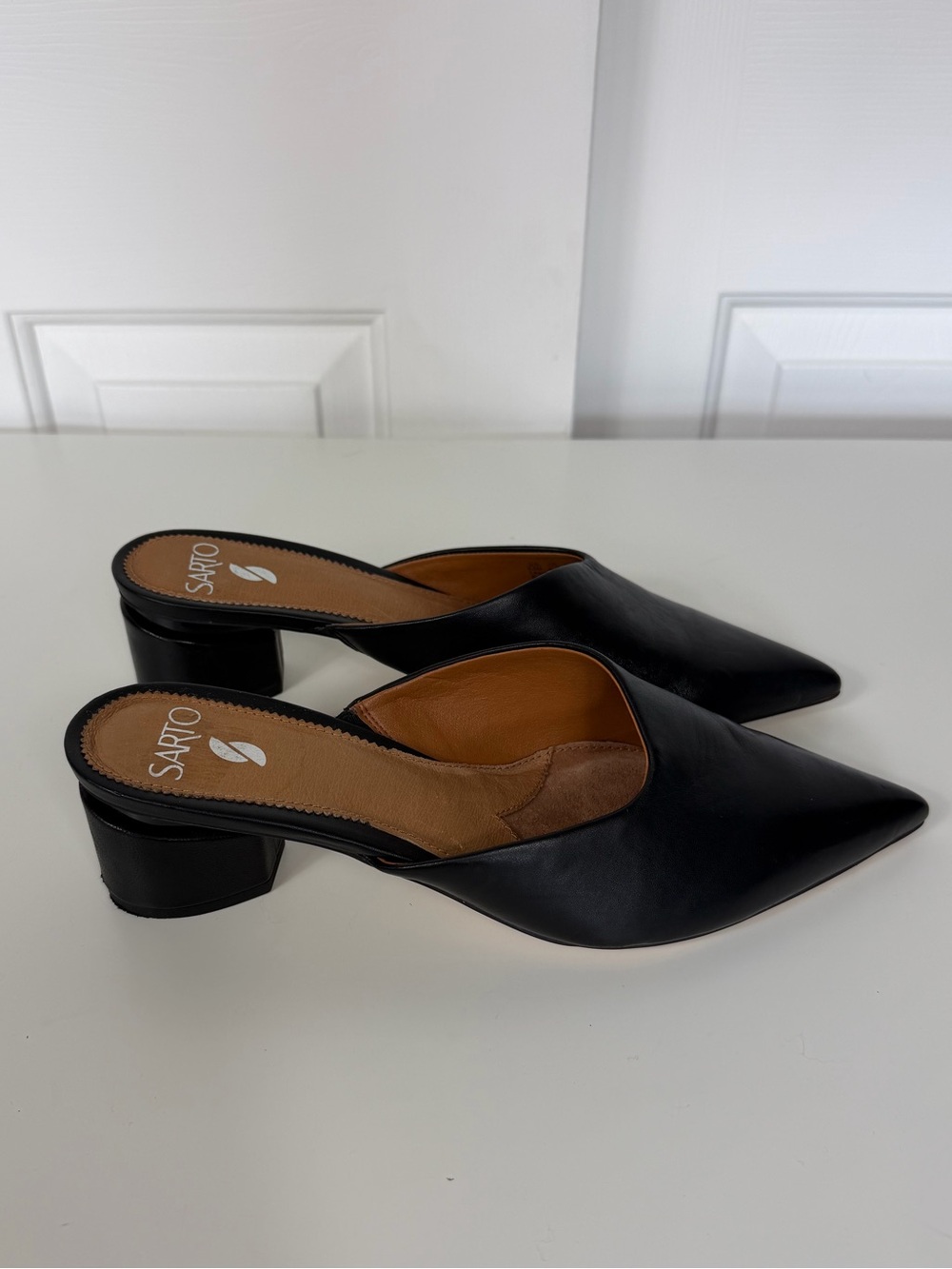 Franco Sarto Visa Mule Heel Slip On Pointed Toe Black Leather Womens - Sz 9.5